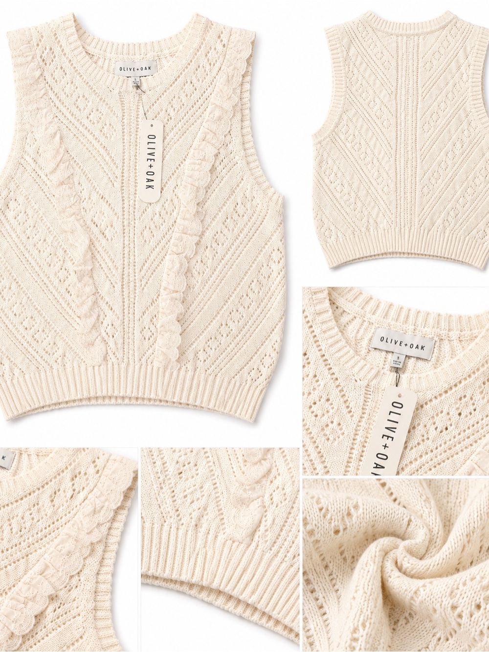 Olive & Oak Cream Openwork Ruffle Knit V-Neck Sweater Vest